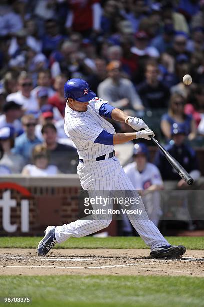 Ryan Theriot of the Chicago Cubs bats against the Houston Astros on April 16, 2010 at Wrigley Field in Chicago, Illinois. The Cubs defeated the...