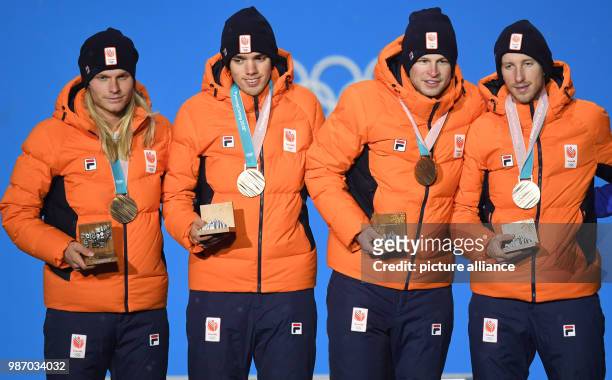 February 2018, South Korea, Pyeongchang, Winter Olympics, men's speed skating team pursuit event, award ceremony, Medal Plaza: The team of the...