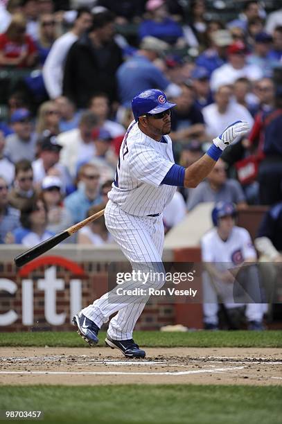 Aramis Ramirez of the Chicago Cubs bats against the Houston Astros on April 16, 2010 at Wrigley Field in Chicago, Illinois. The Cubs defeated the...