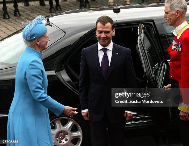 Russia's President Dimitry Medvedev and Queen Margrethe of Denmark arrive at Fredensborg Palace, on April 2010 in the north of Copenhagen,Denmark....