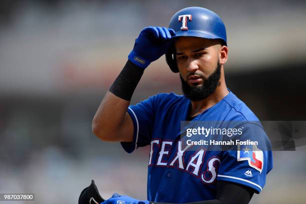 Nomar Mazara of the Texas Rangers reacts to striking out against the Minnesota Twins during the game on June 23, 2018 at Target Field in Minneapolis,...