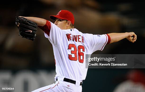 Pitcher Jered Weaver of the Los Angeles Angels of Anaheim throws a pitch during the second inning of the baseball game against Cleveland Indians on...