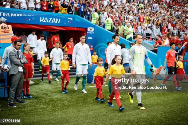 Manuel Neuer of Germany leads his team onto the pitch prior to the 2018 FIFA World Cup Russia group F match between Korea Republic and Germany at...