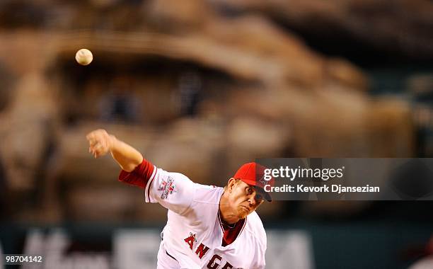 Pitcher Jered Weaver of the Los Angeles Angels of Anaheim throws a pitch during the second inning of the baseball game against Cleveland Indians on...