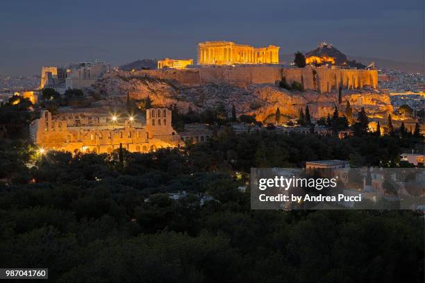 acropolis of athens from philopappu hil or muse hill, athens, greece - hil stock pictures, royalty-free photos & images