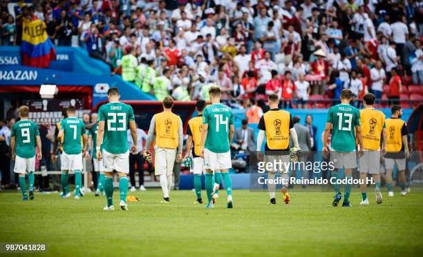 Players of Germany leave the pitch disappointed following the 2018 FIFA World Cup Russia group F match between Korea Republic and Germany at Kazan...