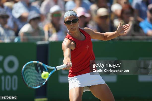 Kirsten Flipkins of Belgium in action against Katie Boulter of Great Britain in the Womens Singles Final match during of the Fuzion 100 Southsea...