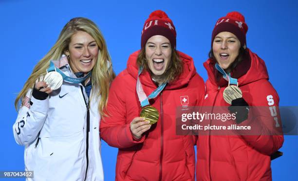 February 2018, South Korea, Pyeongchang, Olympics, Alpine Skiing, combination, women's slalom, award ceremony, Medal Plaza: Mikaela Shiffrin from the...