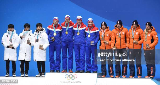 February 2018, South Korea, Pyeongchang, Winter Olympics, men's speed skating team pursuit event, award ceremony, Medal Plaza: The team of South...