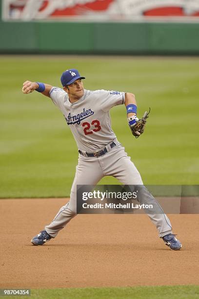 Casey Blake of the Los Angeles Dodgers takes a swing during a baseball game against the Washington Nationals on April 24, 2010 at Nationals Park in...