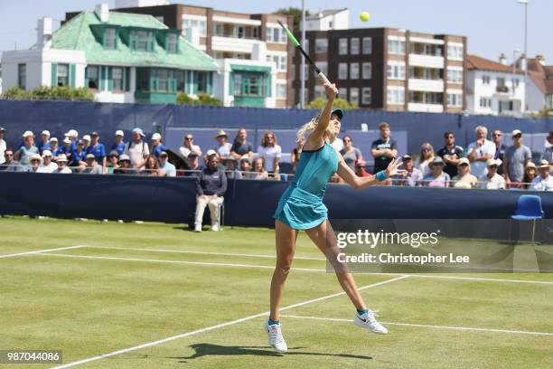 Katie Boulter of Great Britain in action against Kirsten Flipkins of Belgium in the Womens Singles Final match during of the Fuzion 100 Southsea...