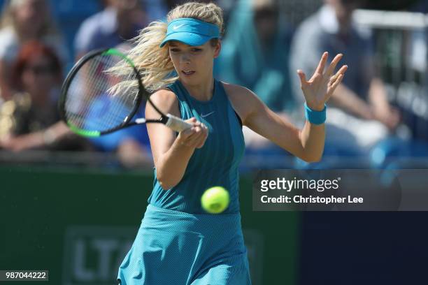 Katie Boulter of Great Britain in action against Kirsten Flipkins of Belgium in the Womens Singles Final match during of the Fuzion 100 Southsea...