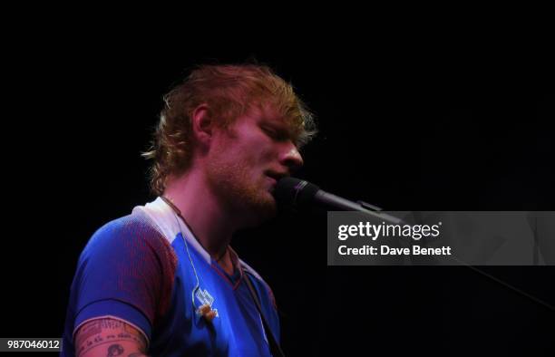 Ed Sheeran performs at the Argento Ball for the Elton John AIDS Foundation in association with BVLGARI & Bob and Tamar Manoukian on June 27, 2018 in...