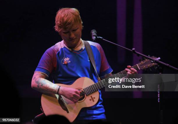 Ed Sheeran performs at the Argento Ball for the Elton John AIDS Foundation in association with BVLGARI & Bob and Tamar Manoukian on June 27, 2018 in...