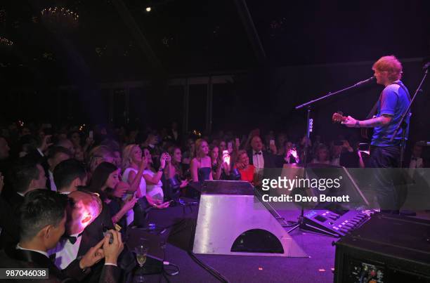 Ed Sheeran performs at the Argento Ball for the Elton John AIDS Foundation in association with BVLGARI & Bob and Tamar Manoukian on June 27, 2018 in...