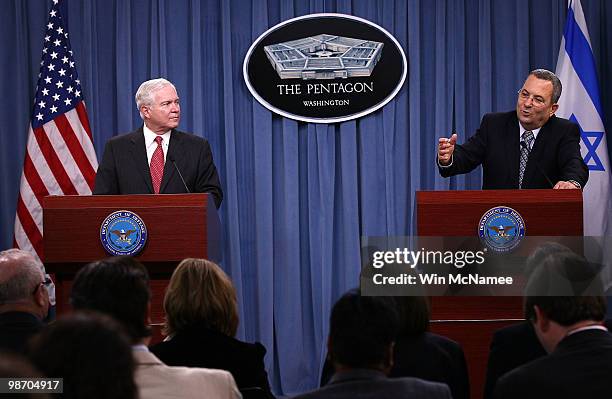 Secretary of Defense Robert Gates hosts a joint press conference with Israeli Minister of Defense Ehud Barak at the Pentagon April 27, 2010 in...