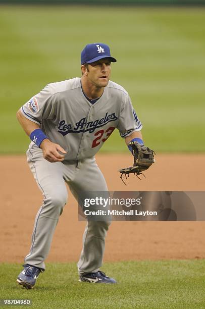 Casey Blake of the Los Angeles Dodgers prepares for a ground ball during a baseball game against the Washington Nationals on April 24, 2010 at...