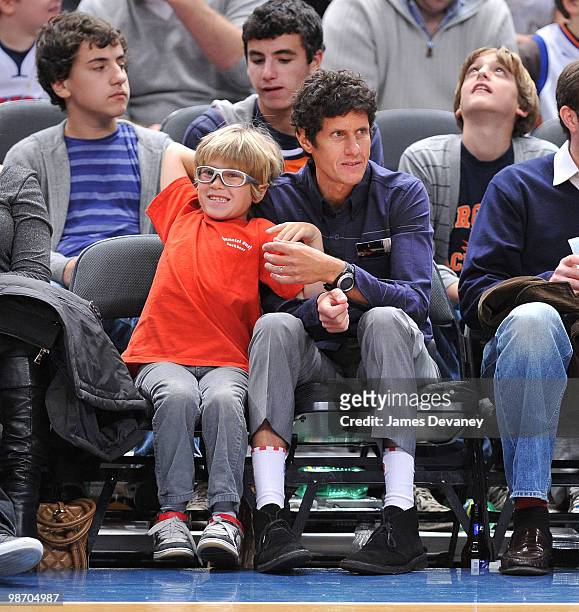 Beastie Boys member Michael Diamond and his son attend the Detroit Pistons vs New York Knicks game>> at Madison Square Garden on January 18, 2010 in...