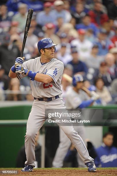 Casey Blake of the Los Angeles Dodgers prepares to take a swing during a baseball game against the Washington Nationals on April 24, 2010 at...