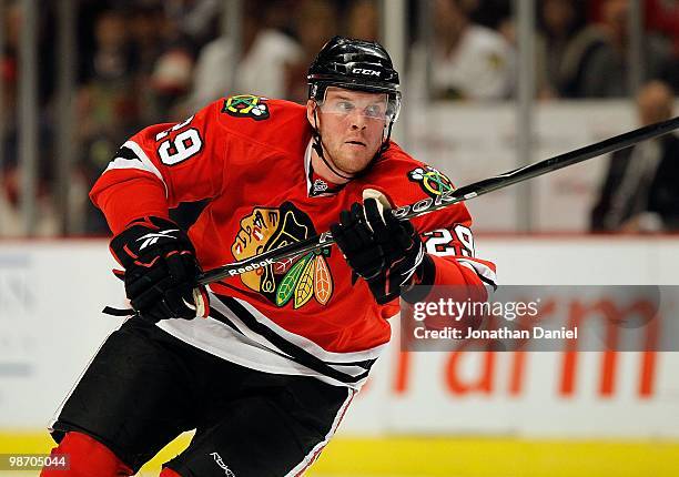 Bryan Bickell of the Chicago Blackhawks skates up the ice against the Nashville Predators in Game Five of the Western Conference Quarterfinals during...