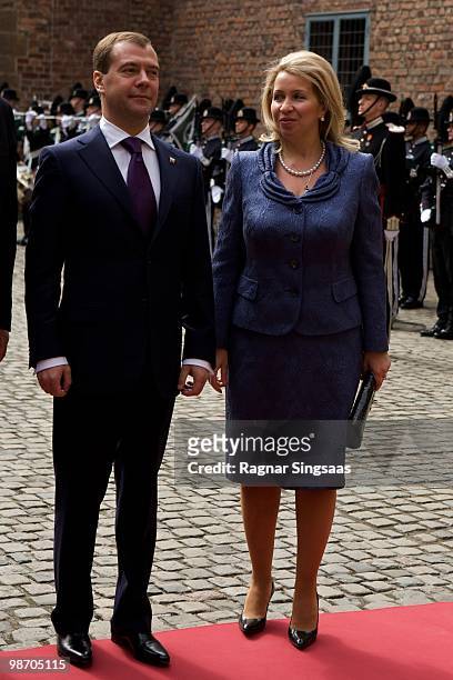Dmitry Medvedev and Svetlana Medvedeva attend the Norwegian government's luncheon on day two of the Russian President Dmitry Medvedev's two day state...