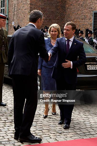 Jens Stoltenberg, Svetlana Medvedeva and Dmitry Medvedev attend the Norwegian government's luncheon on day two of the Russian President Dmitry...