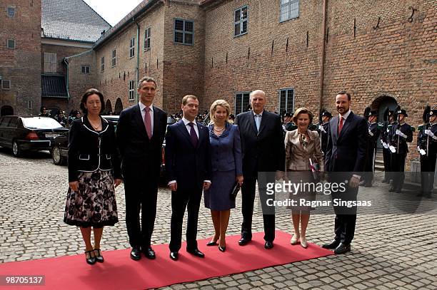 Ingrid Schulerud, Jens Stoltenberg, Dmitry Medvedev, Svetlana Medvedeva, King Harald V of Norway, Queen Sonja of Norway and Crown Prince Haakon of...