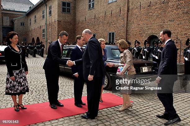 Ingrid Schulerud, Jens Stoltenberg, Dmitry Medvedev, King Harald V of Norway, Svetlana Medvedeva, Queen Sonja of Norway and Crown Prince Haakon of...