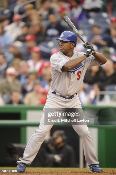 Garrett Anderson of the Los Angeles Dodgers prepares to take a sswing during a baseball game against the Washington Nationals on April 24, 2010 at...