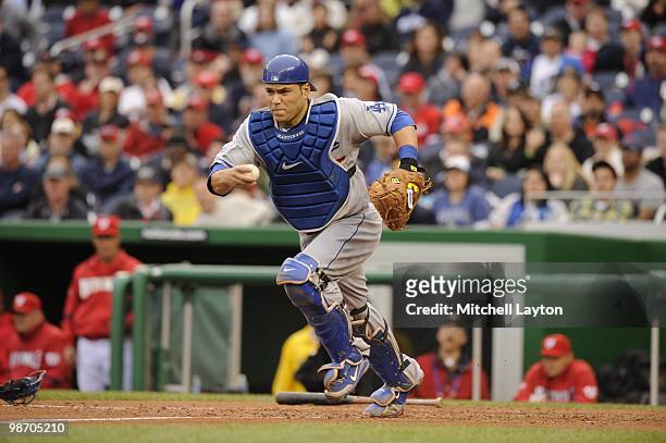 Russell Martin of the Los Angeles Dodgers looks to throw to third base during a baseball game against the Washington Nationals on April 24, 2010 at...
