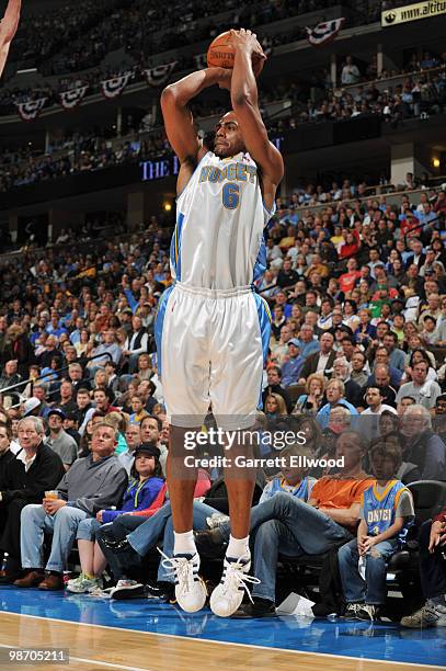 Arron Afflalo of the Denver Nuggets shoots against the Utah Jazz in Game One of the Western Conference Quarterfinals during the 2010 NBA Playoffs on...