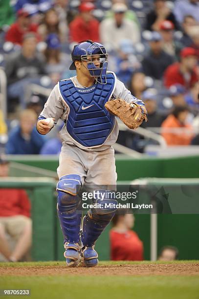 Russell Martin of the Los Angeles Dodgers looks to throw to second base during a baseball game against the Washington Nationals on April 24, 2010 at...