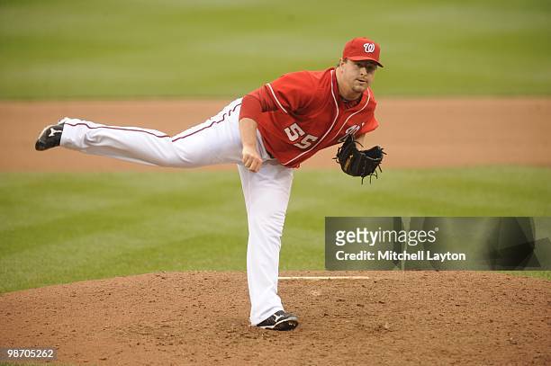 Matt Capps of the Washington Nationals pitches during a baseball game against the Los Angeles Dodgers on April 24, 2010 at Nationals Park in...
