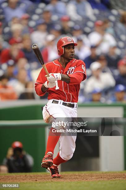 Nyjer Morgan of the Washington Nationals takes a swing during a baseball game against the Los Angeles Dodgers on April 24, 2010 at Nationals Park in...