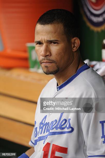 Rafael Furcal of the Los Angeles Dodgers looks on during a baseball game against the Washington Nationals on April 24, 2010 at Nationals Park in...