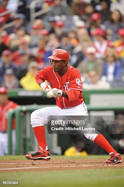 Nyjer Morgan of the Washington Nationals bunts the ball during a baseball game against the Los Angeles Dodgers on April 24, 2010 at Nationals Park in...
