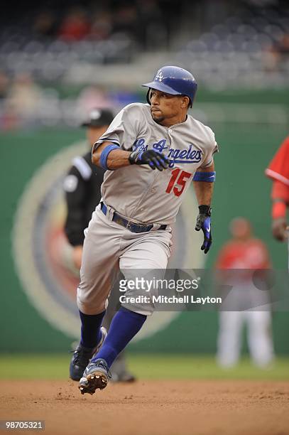 Rafael Furcal of the Los Angeles Dodgers runs to third base during a baseball game against the Washington Nationals on April 24, 2010 at Nationals...