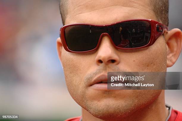 Ivan Rodriguez of the Washington Nationals looks on during batting practice of a baseball game against the Los Angeles Dodgers on April 24, 2010 at...