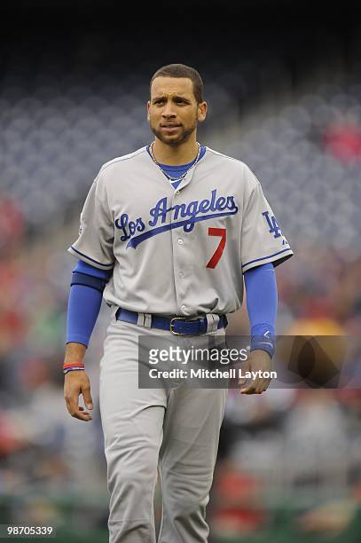 James Loney of the Los Angeles Dodgers looks on during a baseball game against the Washington Nationals on April 24, 2010 at Nationals Park in...