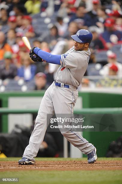 James Loney of the Los Angeles Dodgers takes a swing during a baseball game against the Washington Nationals on April 24, 2010 at Nationals Park in...