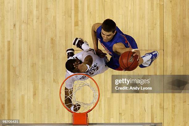 Chandler Parsons of the Florida Gators drives for a dunk attempt against the Mississippi State Bulldogs during the quarterfinals of the SEC Men's...