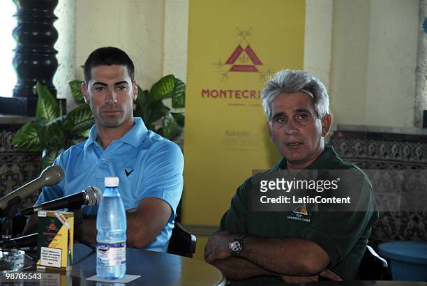 Spanish international golf champion Alvaro Quiros and Sandino Fernandez , representative of Palmares SA, attends a press conference during the 2nd...