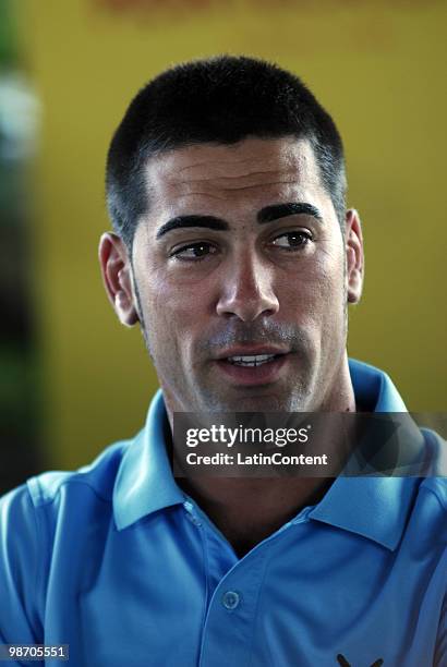 Spanish international golf champion Alvaro Quiros attends a press conference during the 2nd Montecristo Cup at the Varadero Golf Club on April 24,...