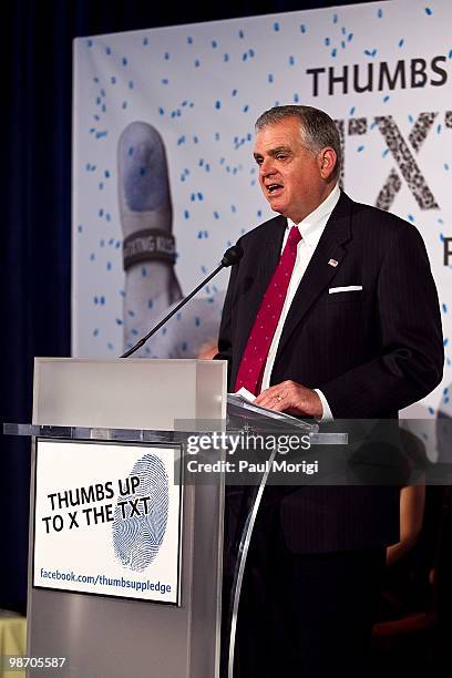 Secretary of Transportation Ray LaHood makes a few remarks at the Allstate 'X the TXT' press conference at Columbus Club in Union Station on April...