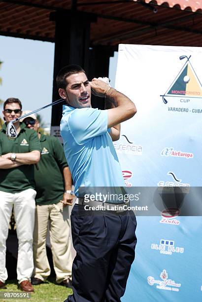 Spanish international golf champion Alvaro Quiros plays a shot during the 2nd Montecristo Cup at the Varadero Golf Club on April 24, 2010 in...