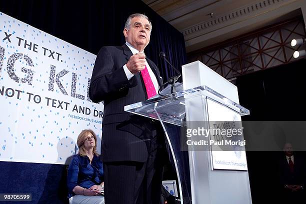 Secretary of Transportation Ray LaHood makes a few remarks at the Allstate 'X the TXT' press conference at Columbus Club in Union Station on April...