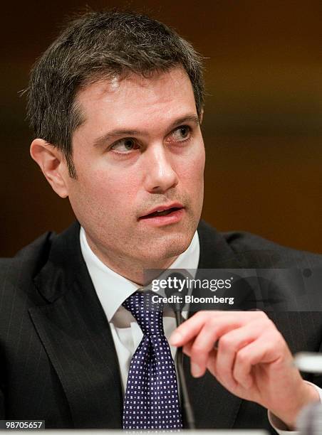 Joshua Birnbaum, former managing director of structured products group trading with Goldman Sachs Group Inc., testifies before a Senate Homeland...