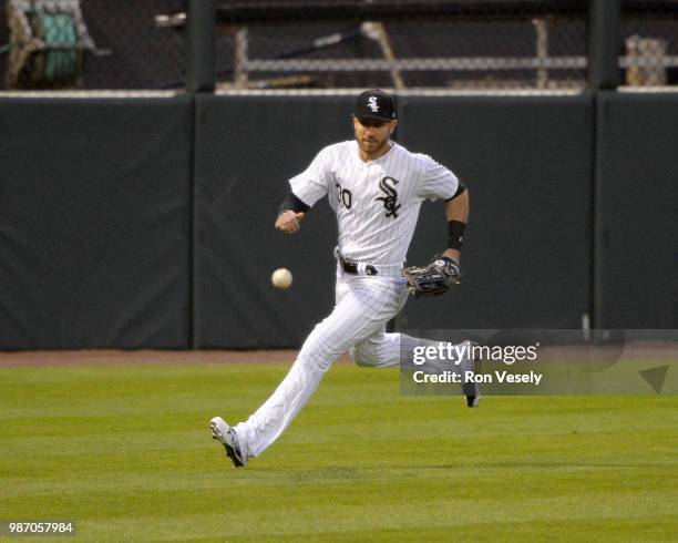 Nicky Delmonico of the Chicago White Sox fields against the Minnesota Twins on May 3, 2018 at Guaranteed Rate Field in Chicago, Illinois.