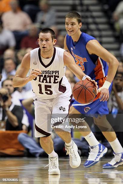 Riley Benock of the Mississippi State Bulldogs brings the ball up ocurt against the Florida Gators during the quarterfinals of the SEC Men's...