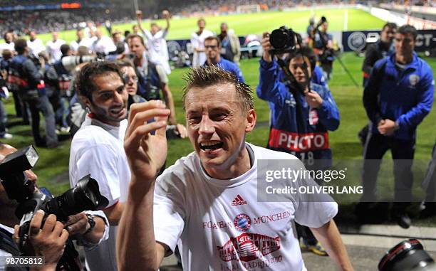 Bayern Munich's Croatian striker Ivica Olic celebrates after the 2nd leg UEFA Champions League semi-final match Olympique Lyonnais vs FC Bayern...